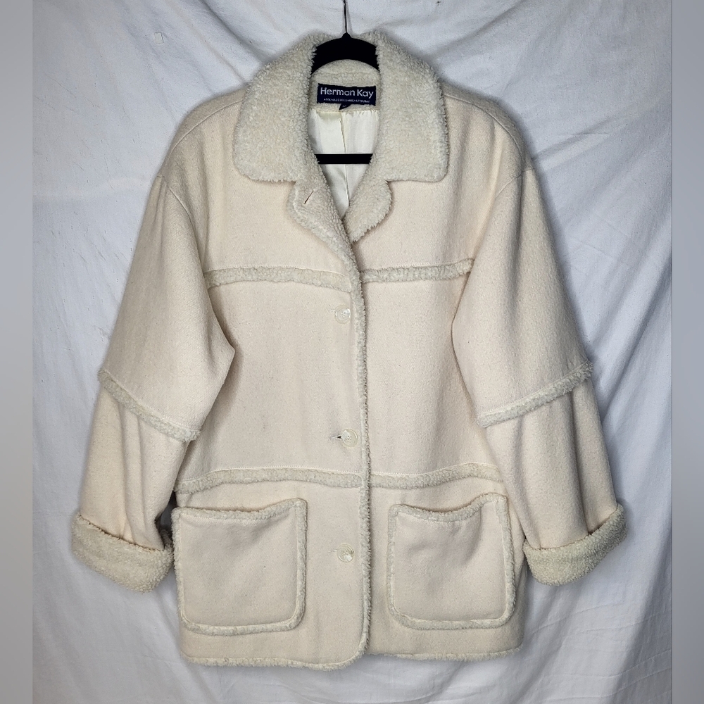 Vintage Herman Kay Wool Sherpa Jacket Size 12 Ivory Long Sleeve Button Up